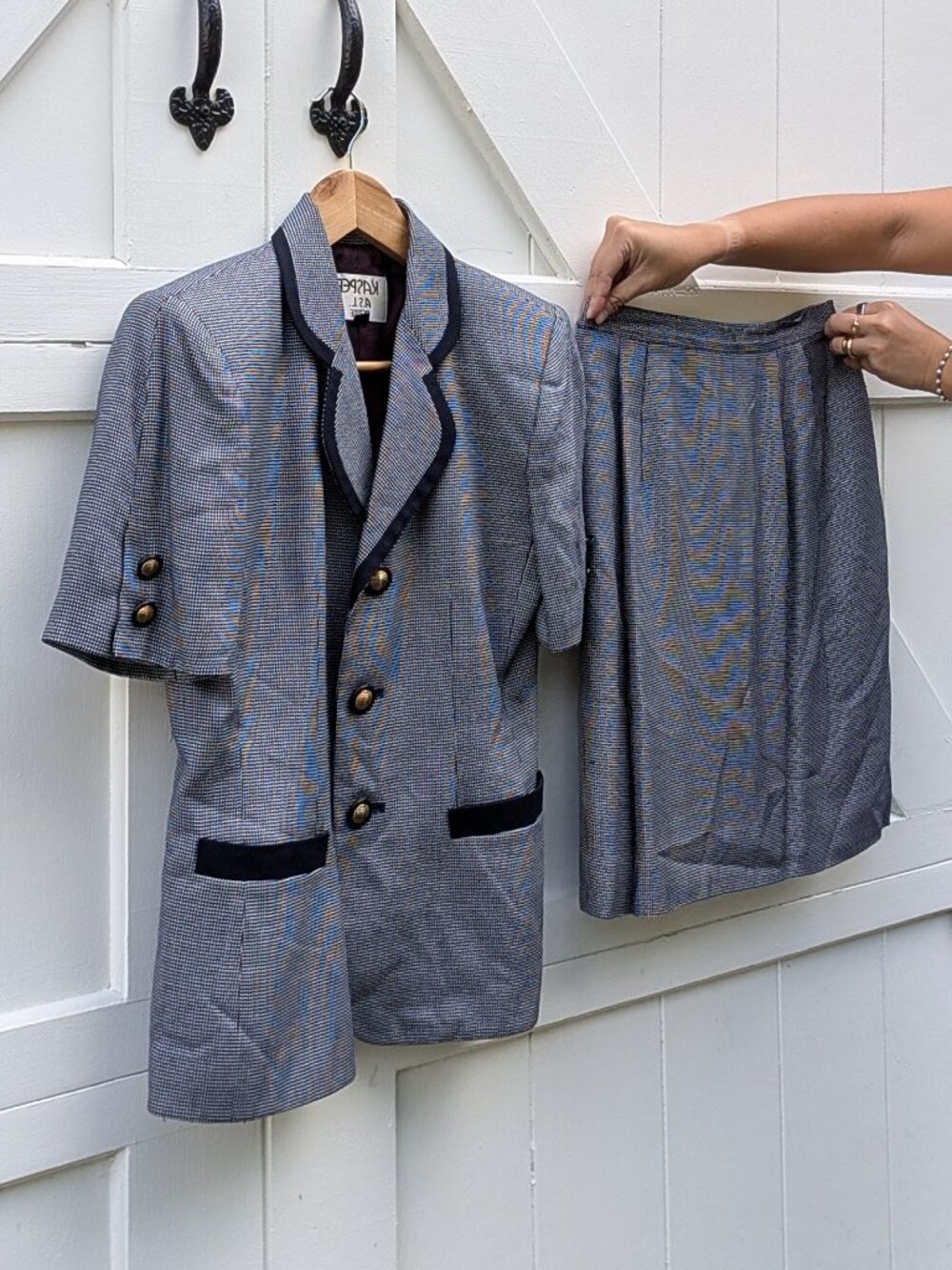 90s Vintage Office Siren Blue & White Short Sleeve Skirt Suit Set